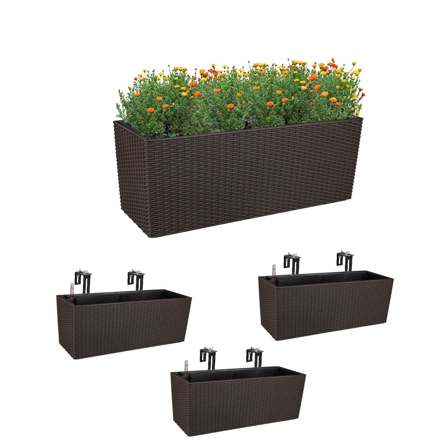 4Pcs 19.5" Rectangular Window Planter Box, Wall Mount/Railing Planter, Self Watering Planter with Adjustable Bracket, for Fence, Balcony and Outdoor Decor - Aoodor LLC